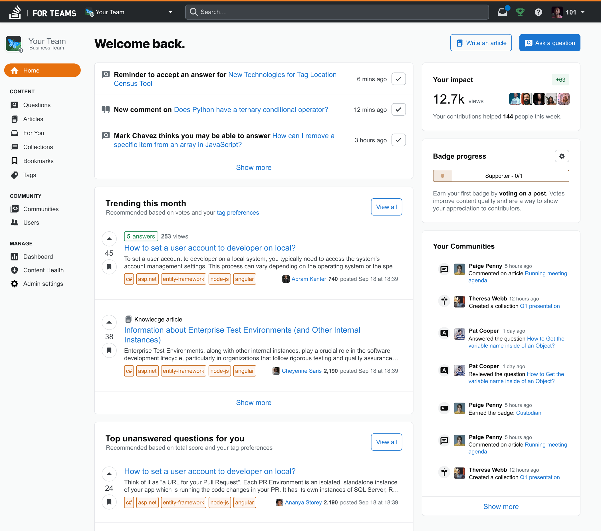 Screenshot of the question index of Stack Overflow for Teams